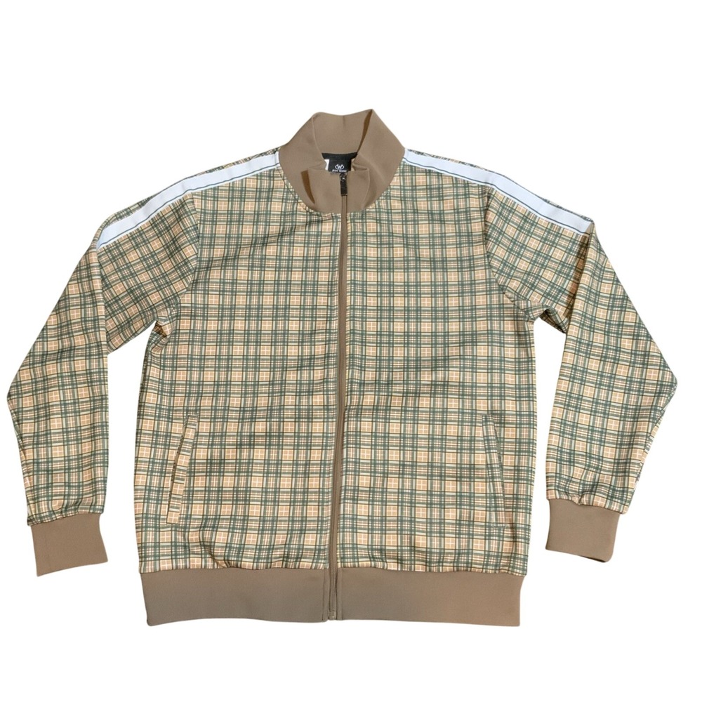 Jian Wang Mens Plaid Track Jacket Brown Green‎ Full Zip Stripe Sleeve Large